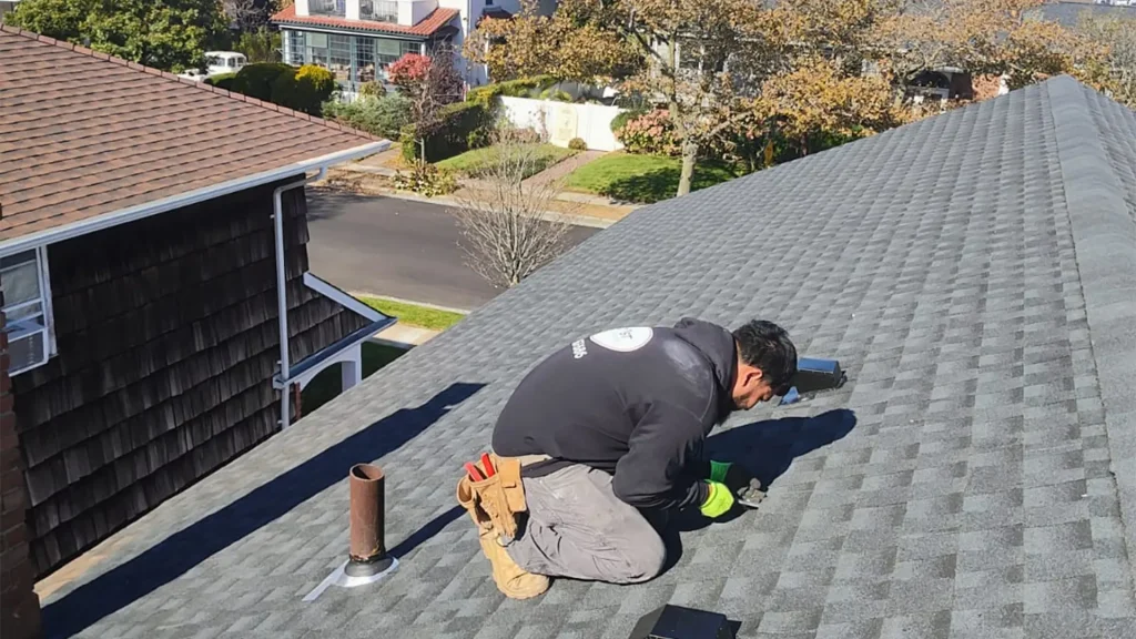 Roofing specialist performing emergency shingle repair in Long Beach NY after wind damage