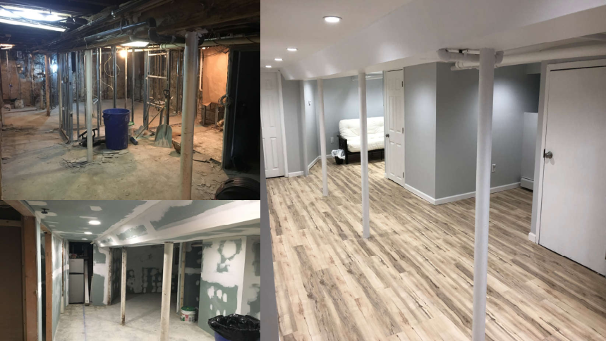 Basement finishing project in progress by Long Beach contractors