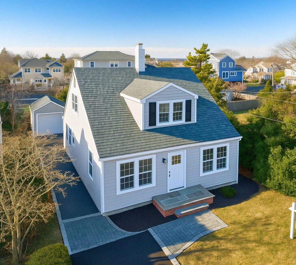 Long Beach NY roof repair showing aerial view of active repairs on shingle roof