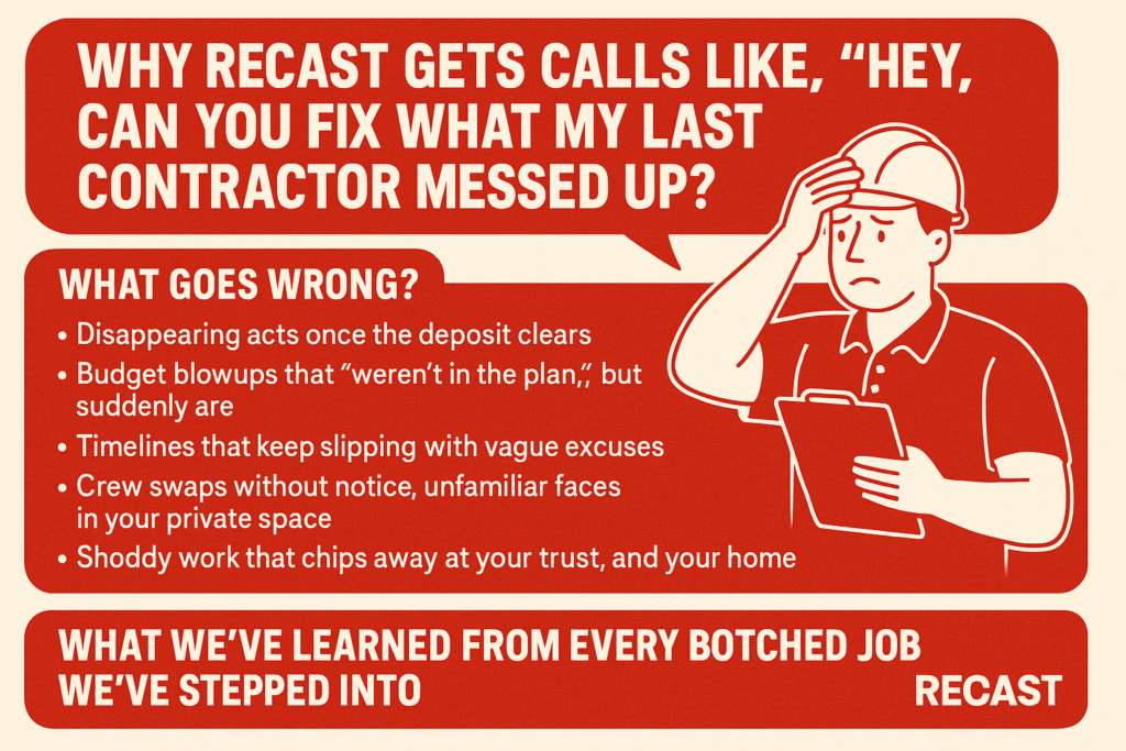 Red-and-white infographic with bold text showing reasons why homeowners in Long Beach call Recast to fix botched contractor jobs. Highlights include issues like disappearing contractors, unexpected budget increases, vague timelines, crew swaps, and shoddy workmanship. Features a frustrated cartoon worker holding a clipboard and a bold header asking, “Can You Fix What My Last Contractor Messed Up?”