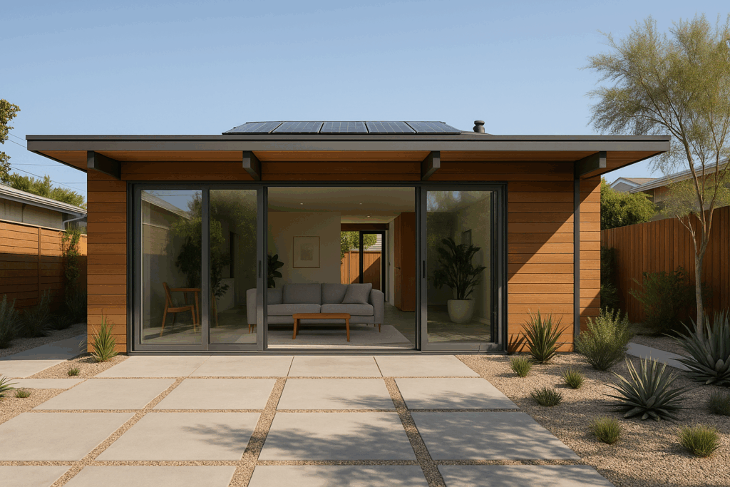 Ultra-realistic photo of a mid-century modern Breezehouse in Belmont Shore, Long Beach, with sliding glass doors and a coastal patio.