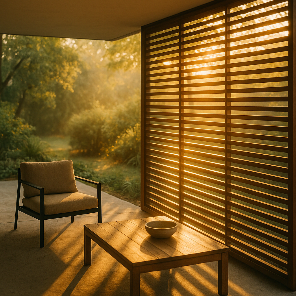 Wooden slat patio in a mid-century home filtering golden sunlight for privacy and ambiance.