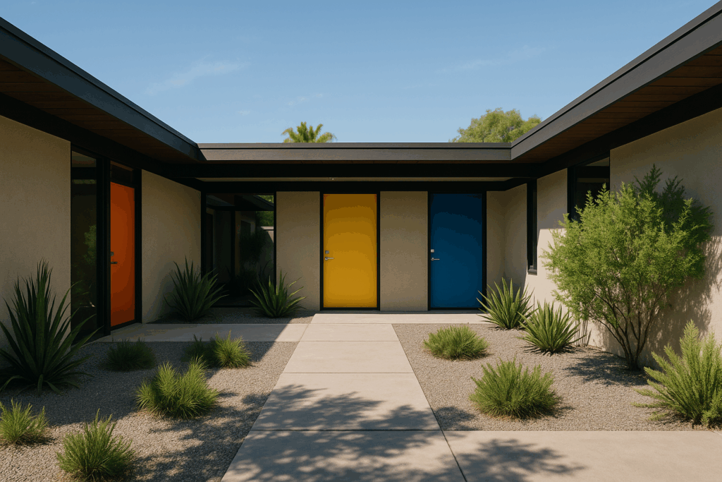  Colorful mid-century courtyard house with native plants and playful exterior doors.
