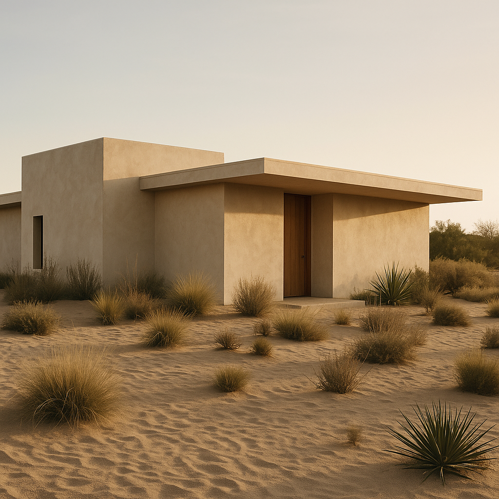 Earth-toned desert modern home with flat roof and minimalist cactus-studded landscaping.

