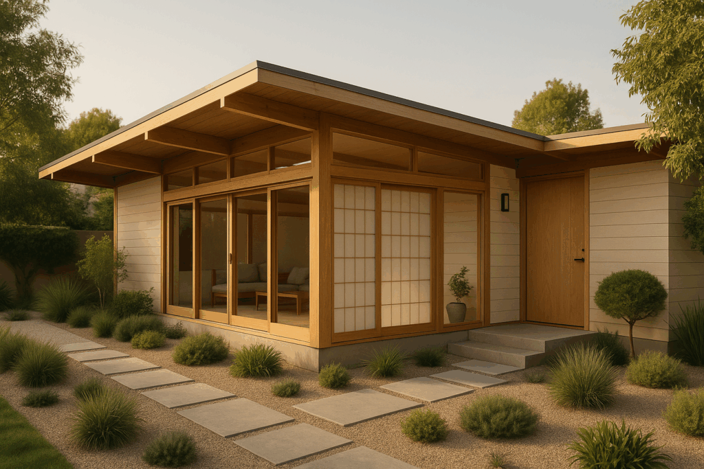 Hybrid Japandi and mid-century modern home with serene textures and calming design.

