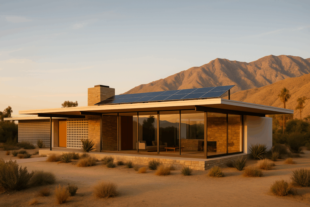 Modern reinterpretation of the iconic Kaufmann House featuring updated energy-efficient features and desert tones.