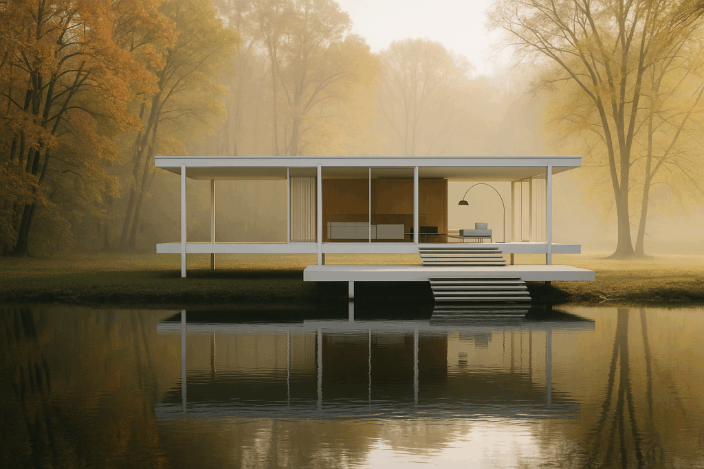  Sleek minimalist mid-century modern living room with Arco lamp and black-and-white palette.

