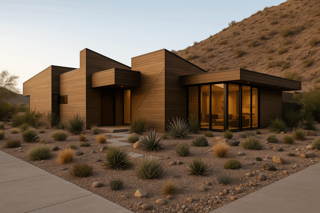 Asymmetrical mid-century desert home with warm natural textures and slope integration.