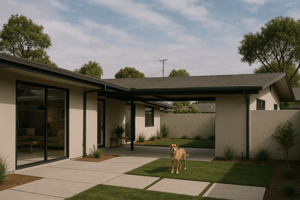 : Revived Cliff May ranch house near Long Beach with breezeways and modern updates.

