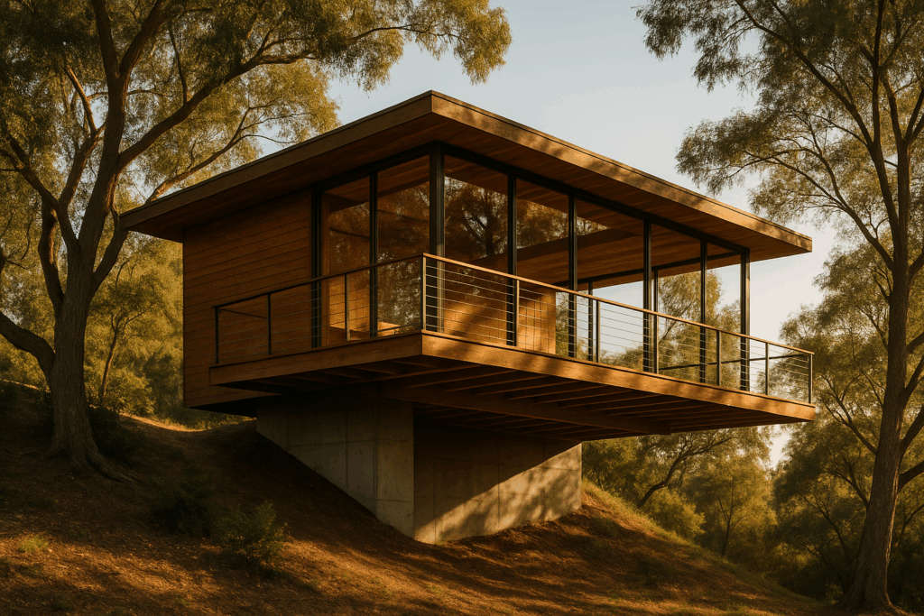  Elevated modernist loft home built on a slope with a cantilevered deck and wood finishes.