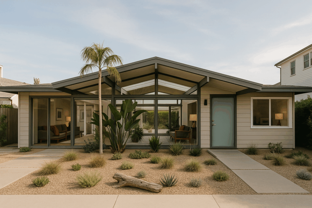 : Mid-century modern atrium home in Naples Island, Long Beach with open courtyard and coastal design.


