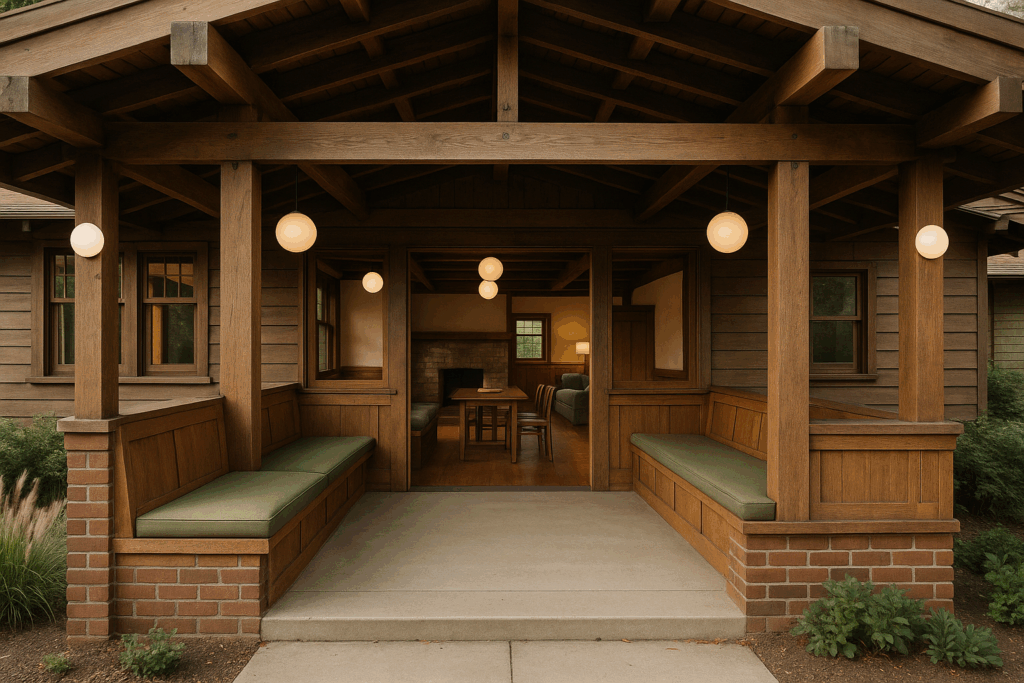 Cozy mid-century bungalow with exposed beams and globe lights.

