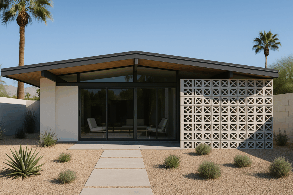 Stunning mid-century Shadowline home in Palm Springs featuring deep eaves, breeze blocks, and desert landscaping.

