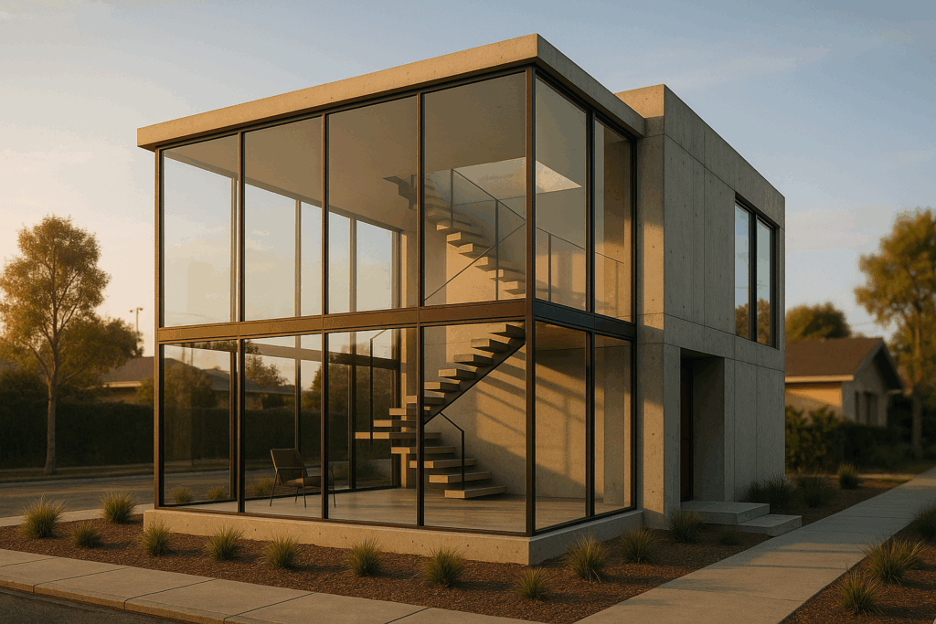Sleek mid-century glass box home in Long Beach with floor-to-ceiling glazing and floating stairs.

