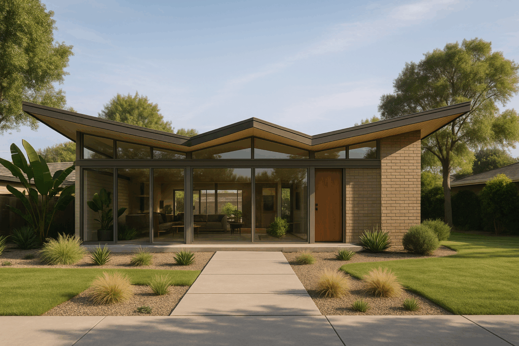 Mid-century ranch home with butterfly roof and clerestory windows surrounded by minimalist landscaping.