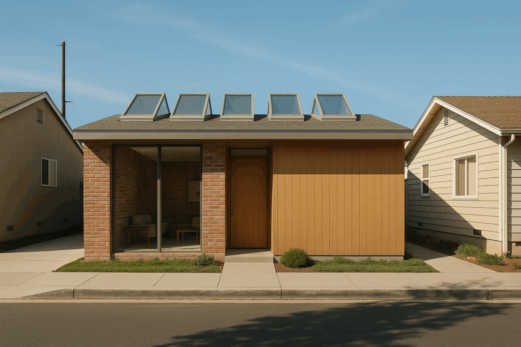  Unique mid-century row house in Signal Hill with rooftop skylights and natural brick finishes.

