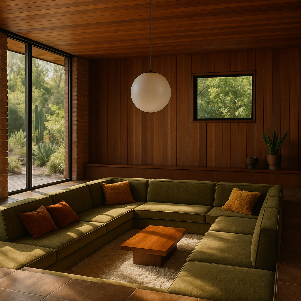  Stylish sunken mid-century lounge with retro seating and period lighting.

