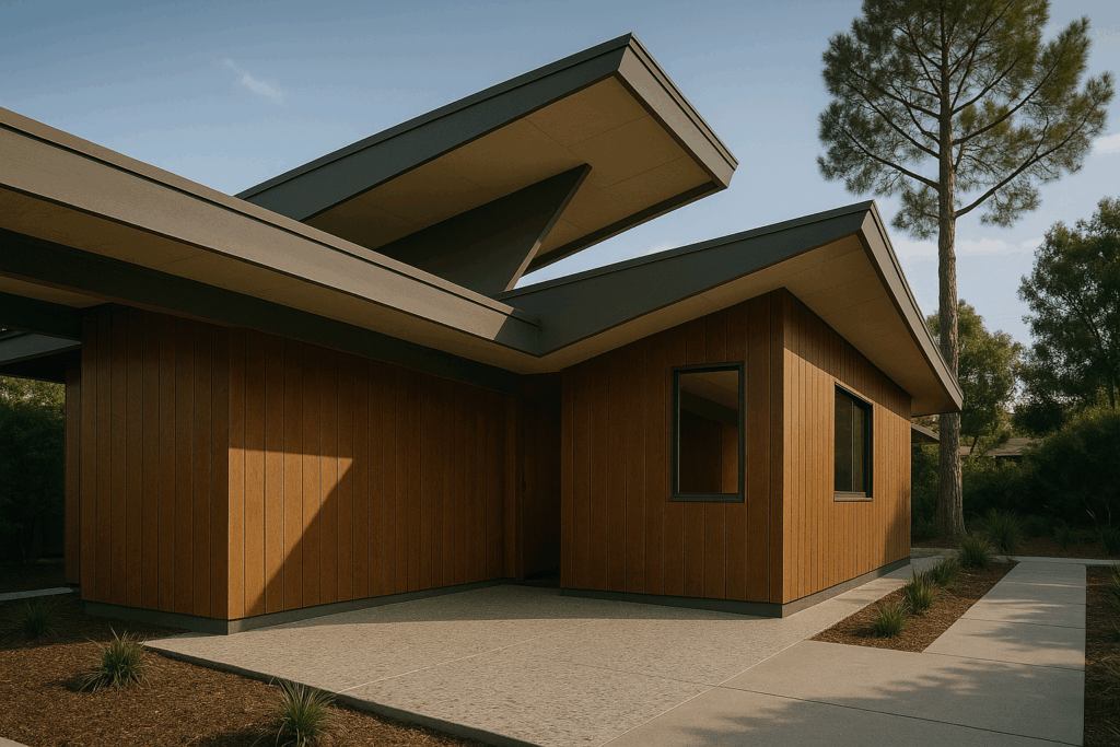 Geometric mid-century modern house in Long Beach with angular rooflines, wood paneling, and terrazzo floors.

