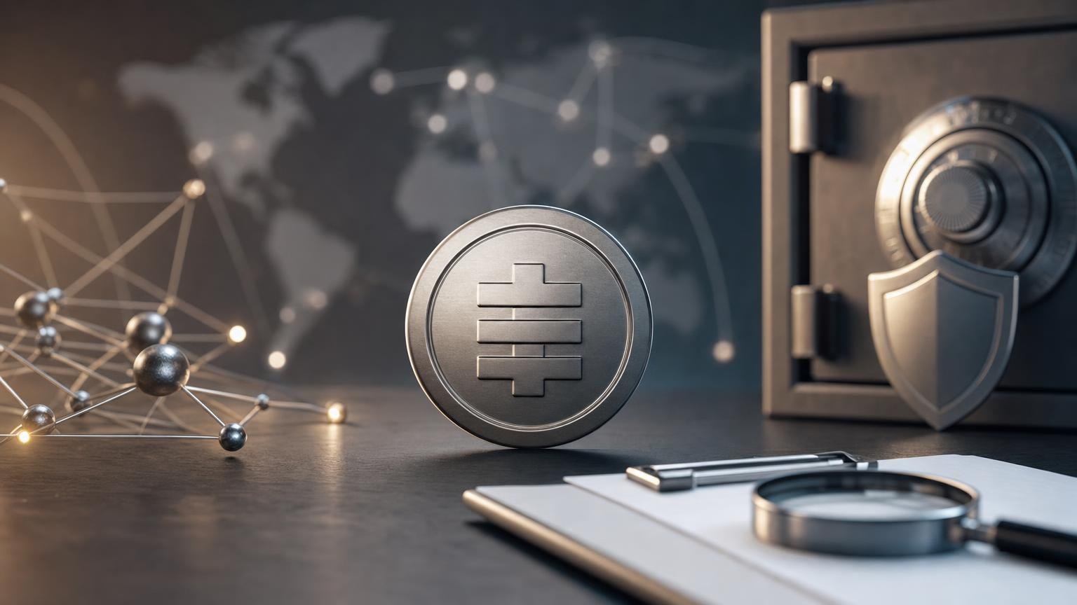 Digital stablecoin tokens beside reserve, blockchain, redemption, and risk symbols illustrating how different stablecoin models work